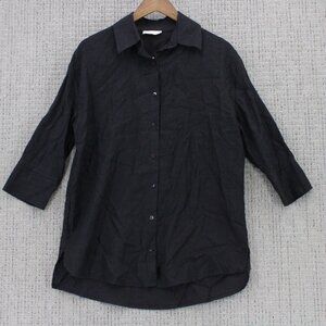 Neu Nomads Linen Shirt Womens XS Black Solid Button Down Oversized 3/4 Sleeve